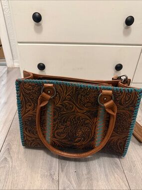 Montana West Brown Tooled Satchel with Turquoise Stitching